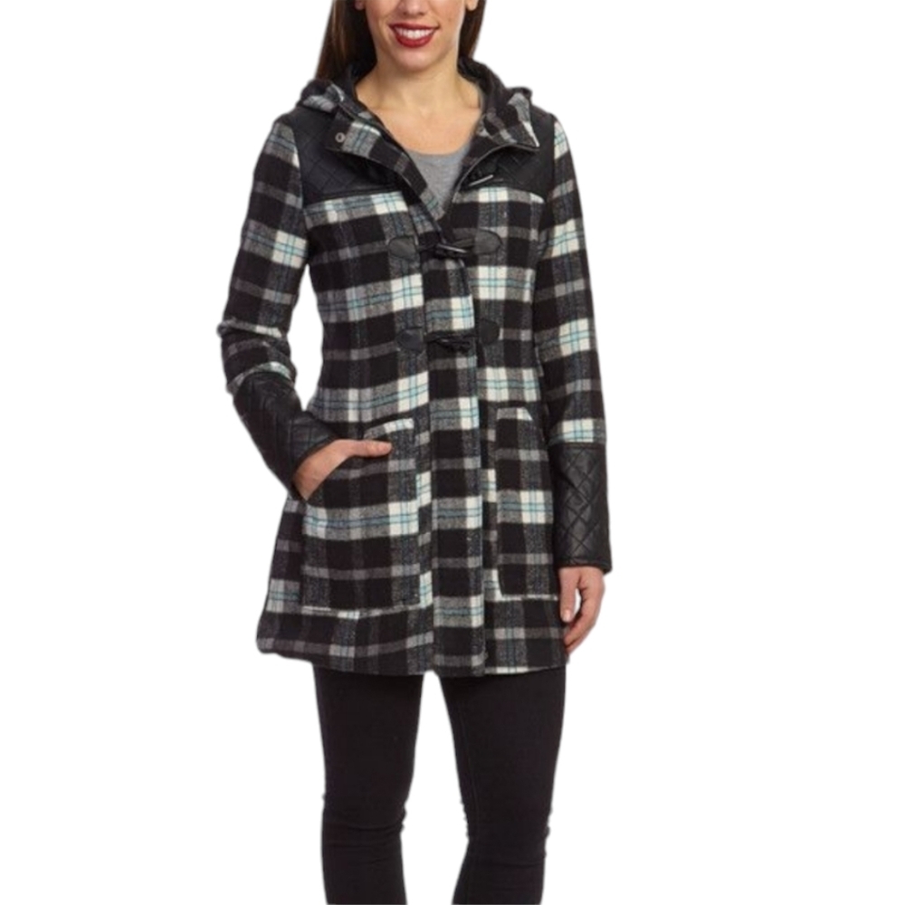 Yoki wool blend jacket with faux leather, pockets and hood. Size S